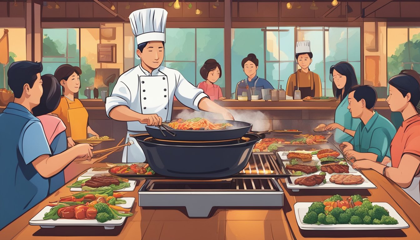 A chef grills meats and vegetables on a sizzling teppanyaki grill, surrounded by diners eagerly watching the show. The aroma of savory dishes fills the air