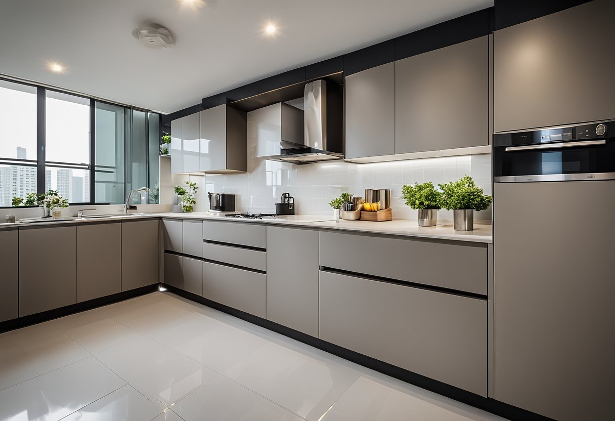 A spacious HDB 5-room kitchen with sleek, modern cabinetry, ample counter space, and efficient layout for practical cooking and storage