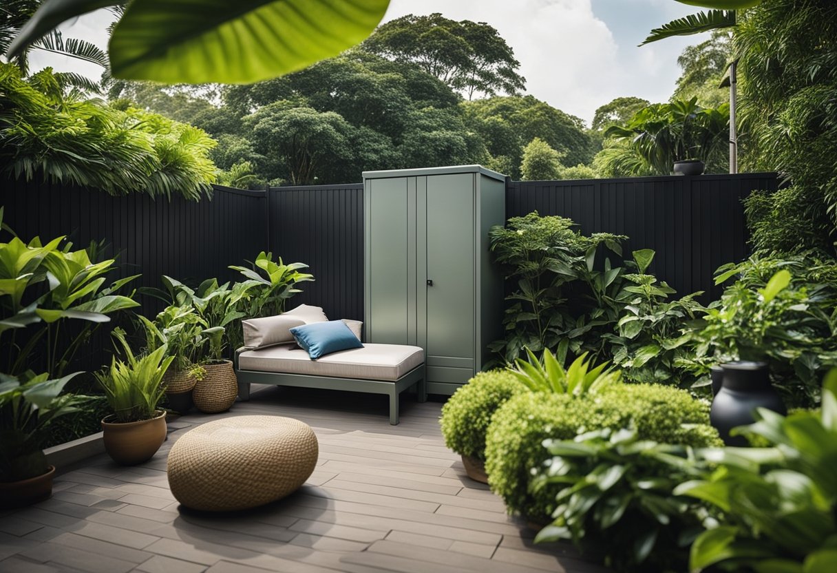 A sunny Singapore backyard with a sleek outdoor storage cabinet, neatly organizing gardening tools and cushions, surrounded by lush greenery
