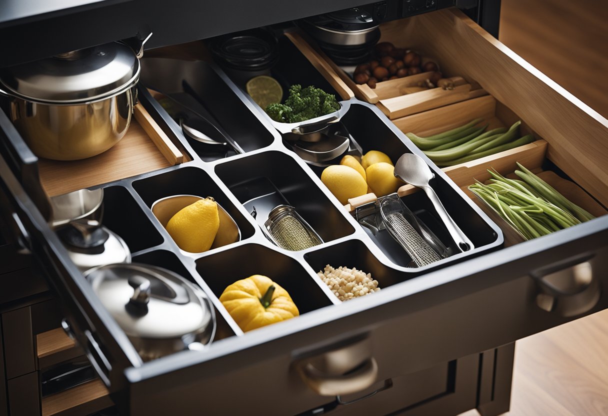 A kitchen drawer is pulled out, revealing multiple baskets neatly organized to maximize storage space