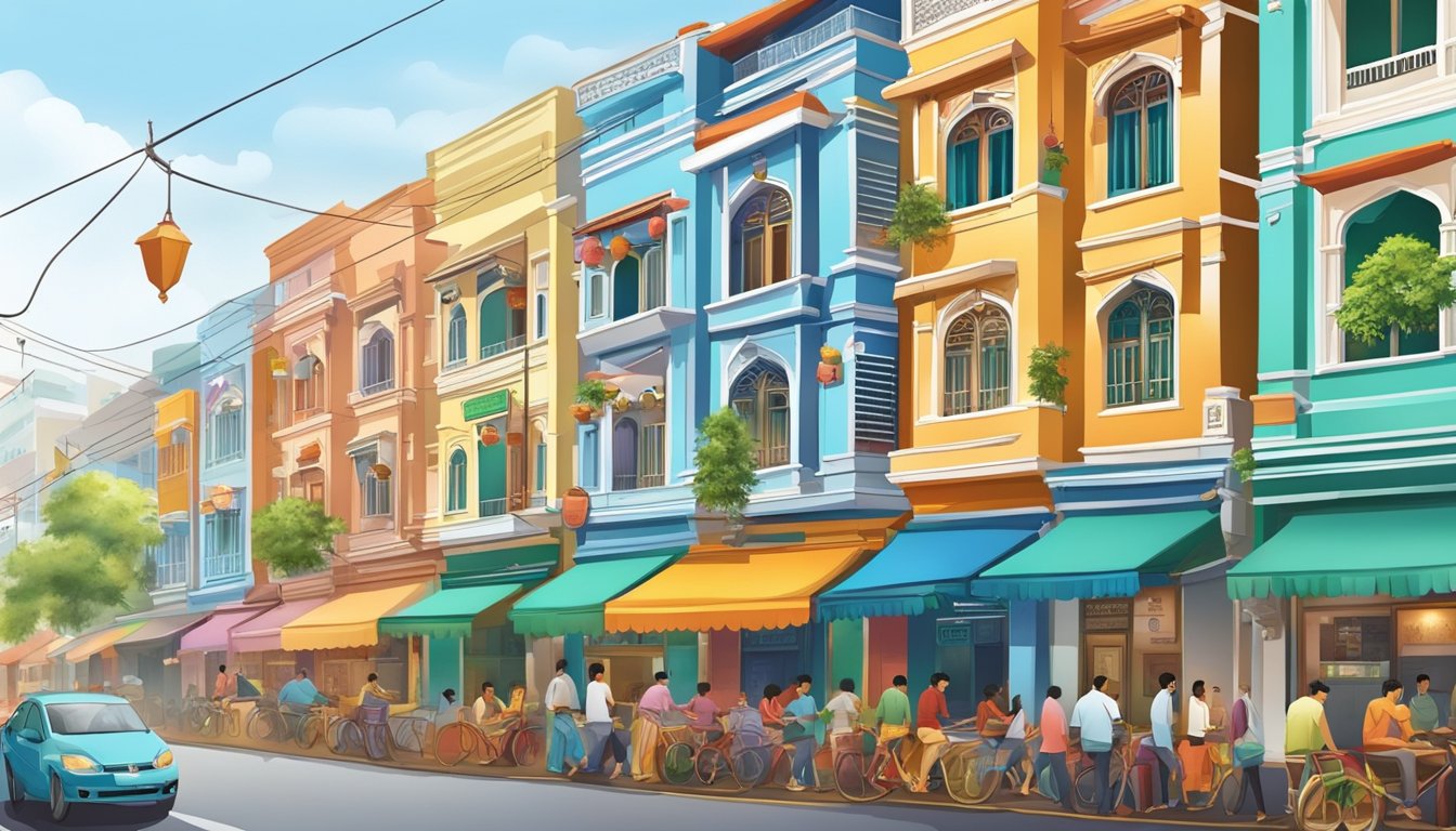 Vibrant street in Little India, Singapore, with colorful facades of the best Indian restaurants, bustling with diners and the aroma of aromatic spices