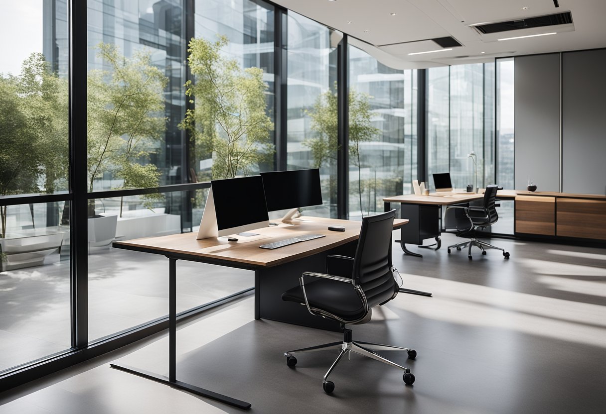 The sleek office features modern furniture and minimalist decor. Glass walls and polished surfaces reflect natural light, creating an airy and sophisticated atmosphere