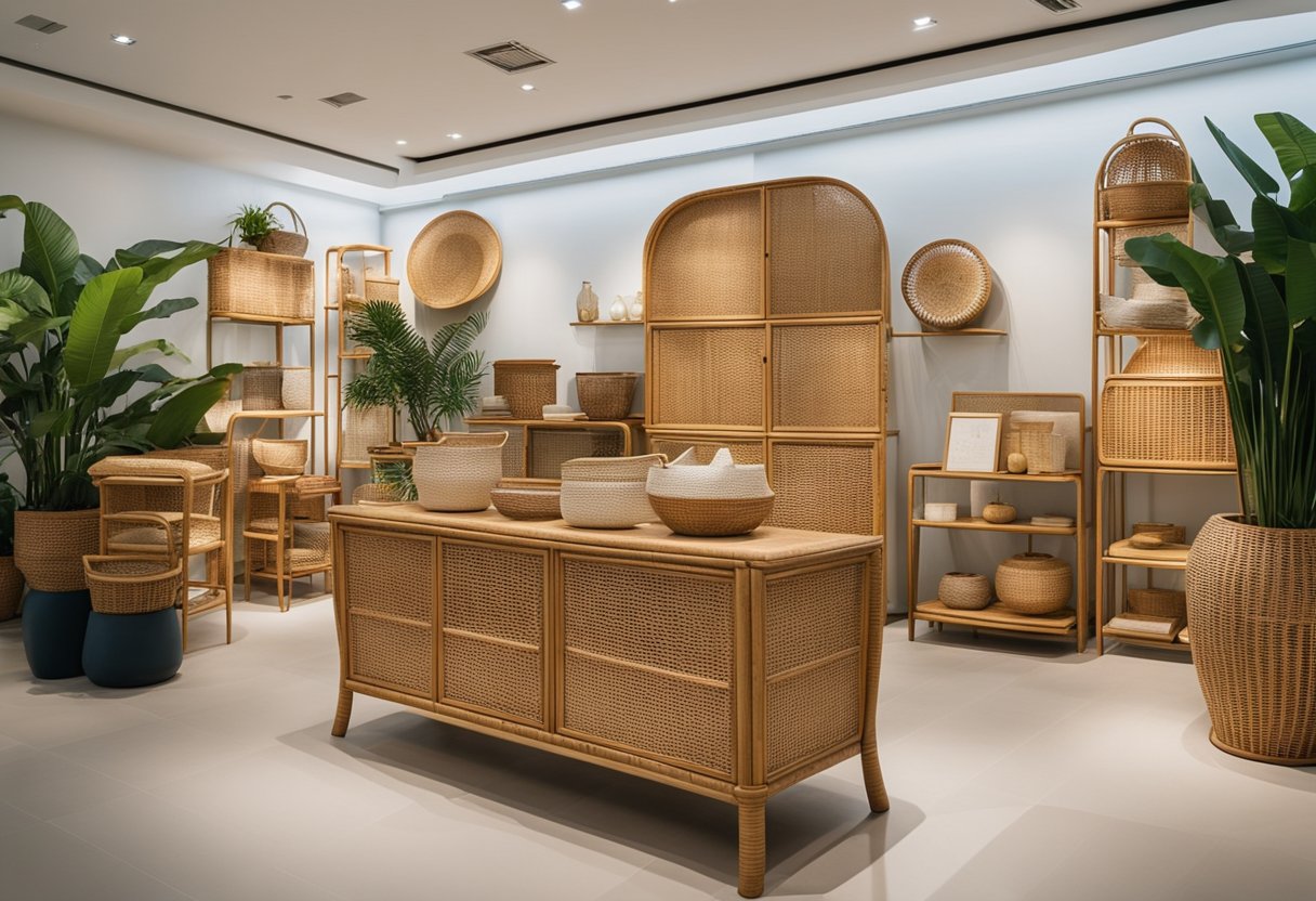 A bright and airy cane furniture shop in Singapore, with modern and minimalist displays showcasing a variety of stylish and intricately woven cane furniture pieces