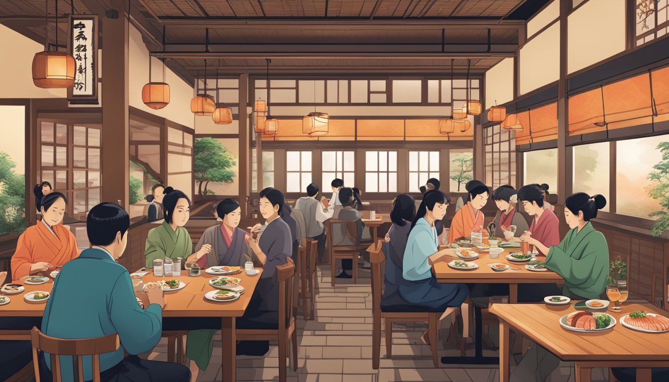 A bustling Japanese restaurant with traditional decor, diners enjoying sushi and sashimi, and friendly staff answering questions