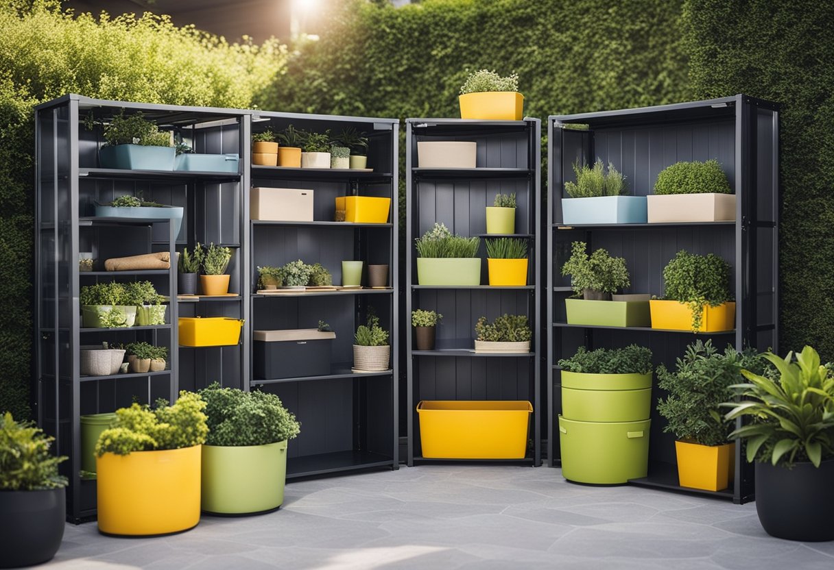 A sunny backyard with top outdoor storage brands neatly assembled and organized. Brightly colored outdoor storage furniture from Singapore adds a pop of color to the scene