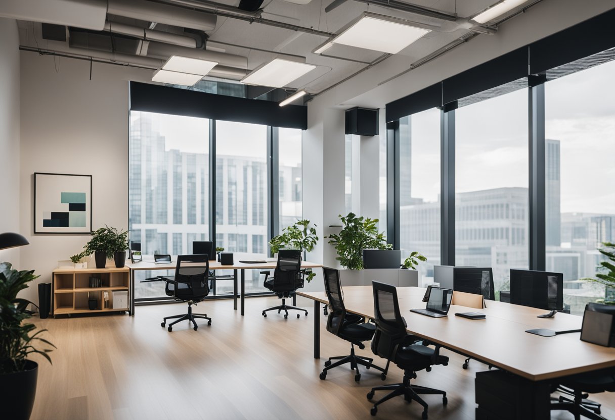 A modern, minimalist office space with sleek furniture, clean lines, and plenty of natural light streaming in through large windows