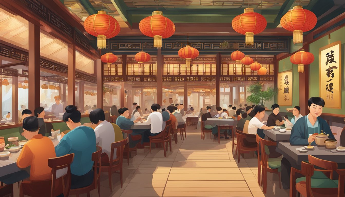 A bustling Si Chuan Dou Hua restaurant with traditional Chinese decor and a lively atmosphere