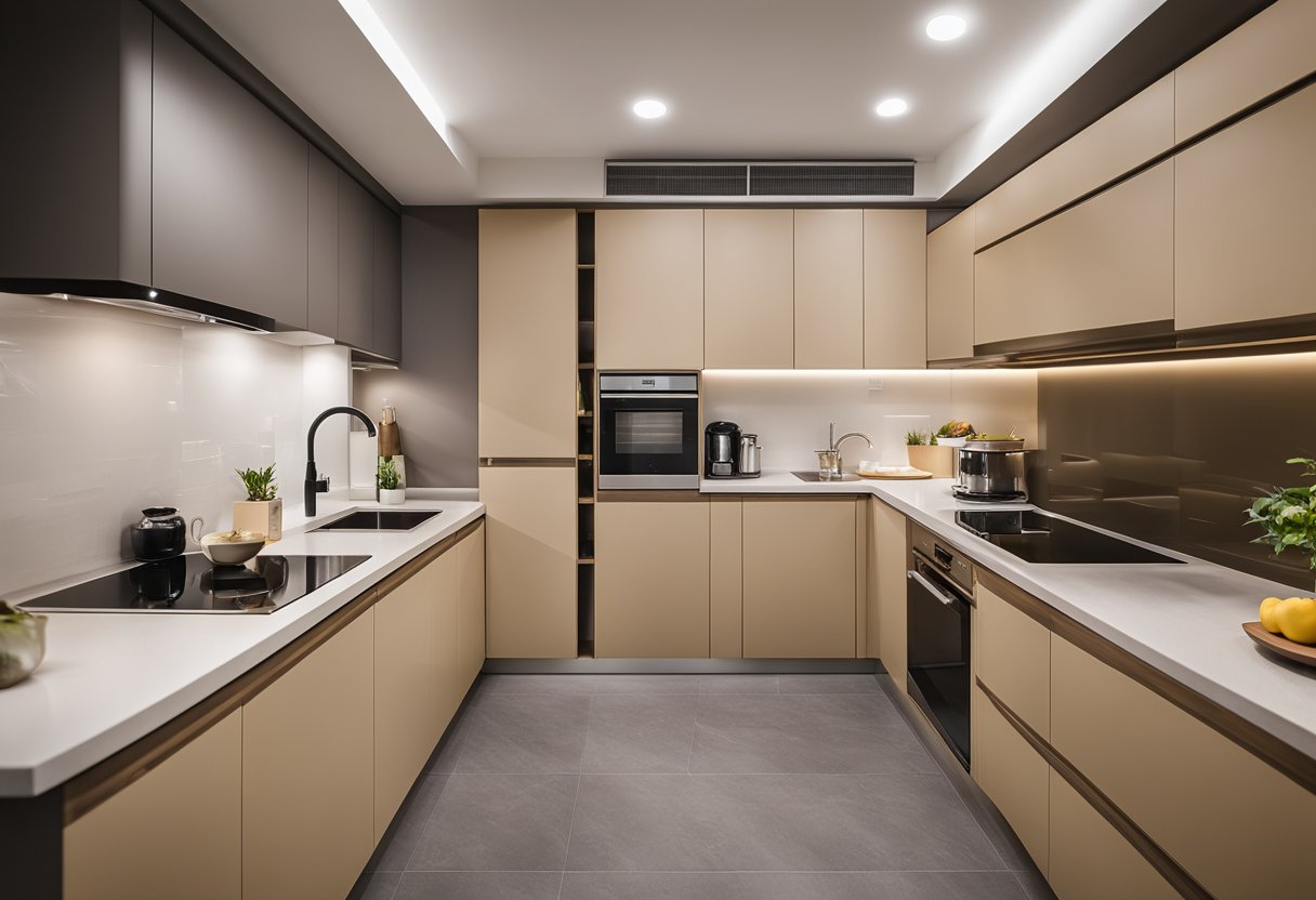 A spacious 5-room HDB kitchen with minimalist design, featuring sleek cabinets, ample counter space, and modern appliances