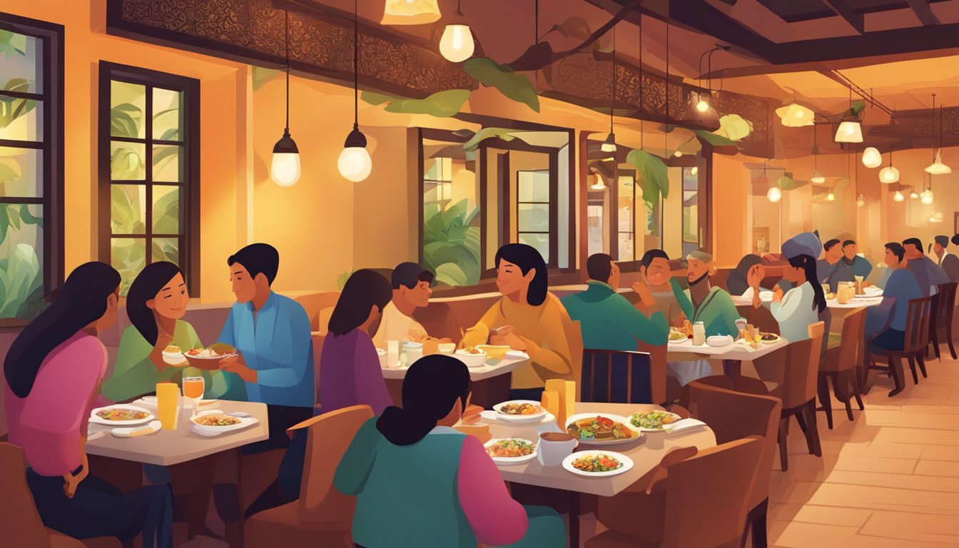 Customers enjoying a variety of dishes at Azmi Restaurant, with colorful decor and warm lighting creating a cozy atmosphere
