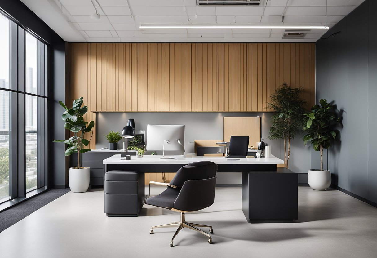 A modern, minimalist office with clean lines, sleek furniture, and pops of color. The space is organized and clutter-free, with plenty of natural light