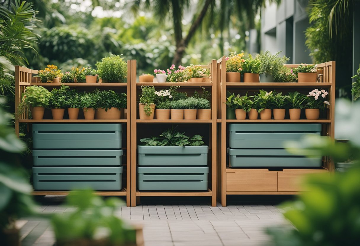 Outdoor storage furniture displayed in a sunny Singapore garden, surrounded by lush greenery and colorful flowers