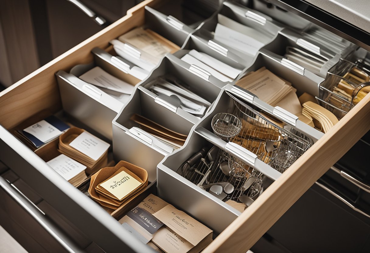 A kitchen drawer with a pull-out basket filled with neatly organized frequently asked questions cards and pamphlets