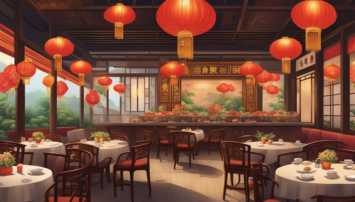 A bustling restaurant with traditional Chinese decor, featuring red lanterns and ornate wooden furniture. A large mural of blooming lotus flowers adorns the wall, while the aroma of Sichuan cuisine fills the air