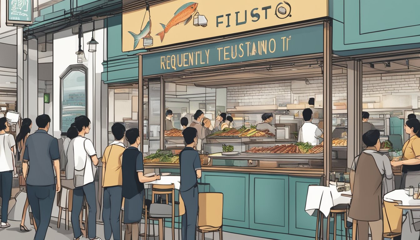 Customers lined up outside a modern fish restaurant in Singapore, with a sign reading "Frequently Asked Questions" prominently displayed. The restaurant is bustling with activity, and the aroma of freshly cooked seafood fills the air