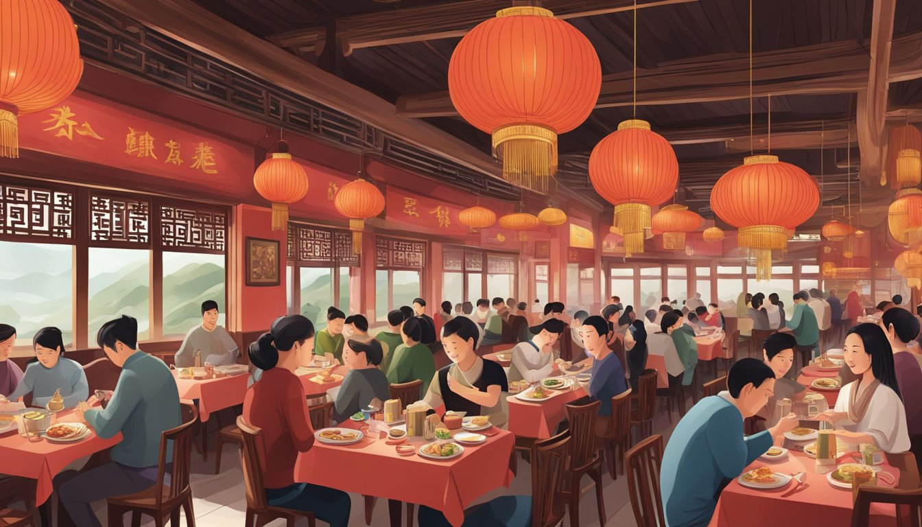 A bustling restaurant with traditional Chinese decor and diners enjoying Sichuan cuisine