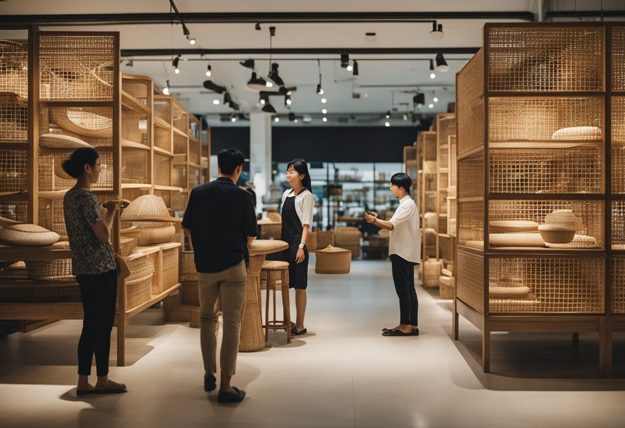 Customers browsing through various cane furniture options in a spacious and well-lit shop in Singapore, with helpful staff assisting and answering questions