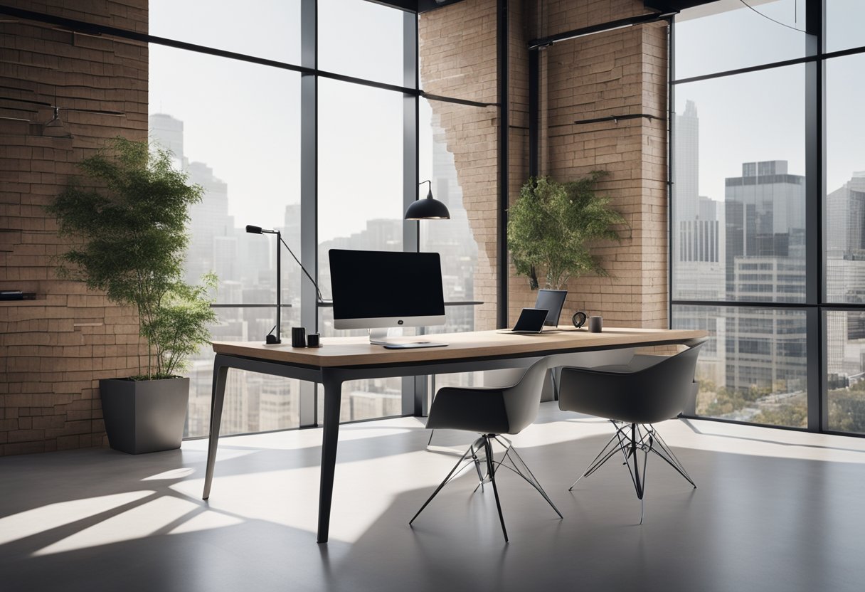 A modern, minimalist office space with clean lines, neutral colors, and sleek furniture. A wall of windows provides natural light, and a minimalist desk and chair are positioned in the center of the room