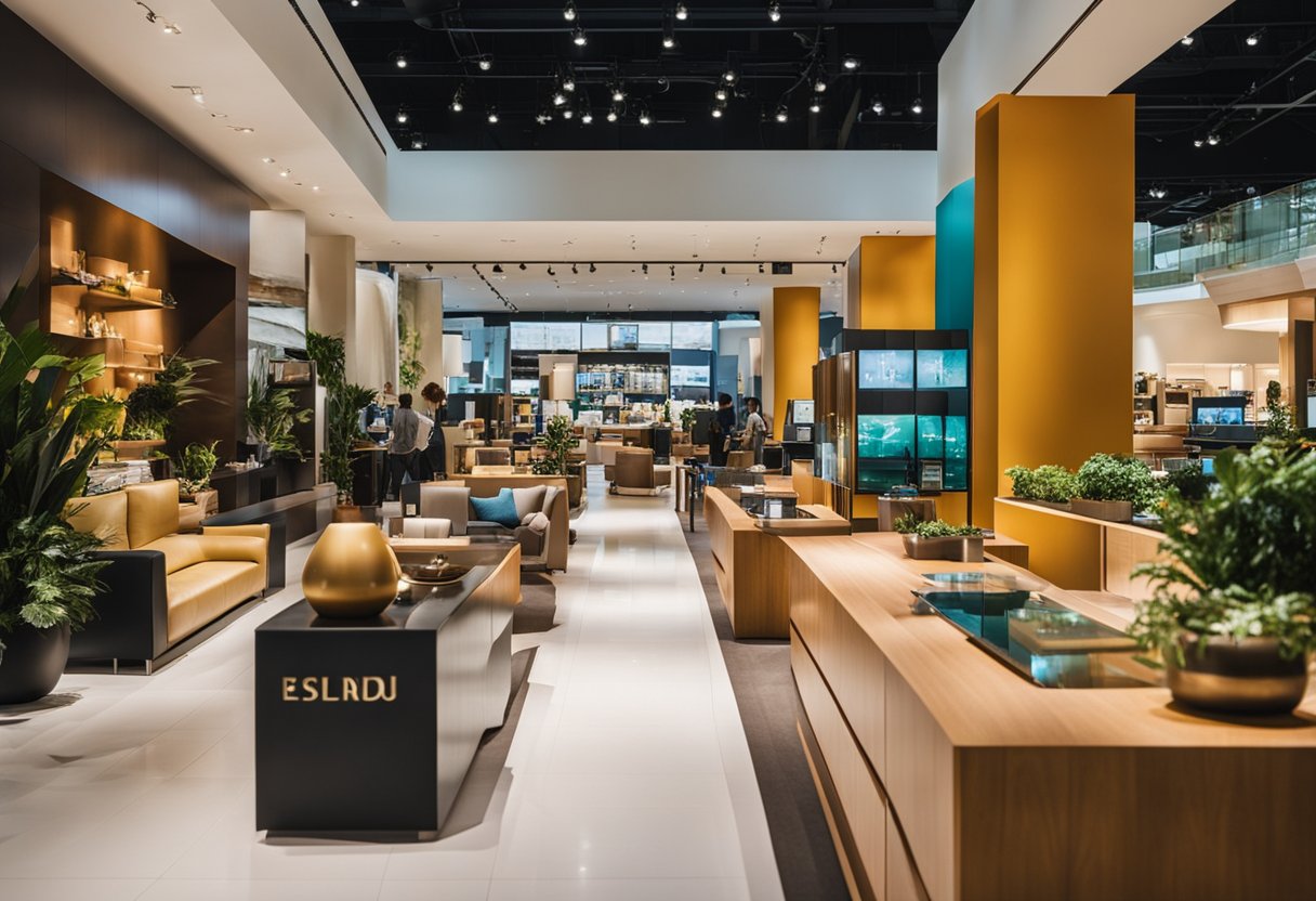 Customers browsing through modern furniture displays at Millenia Walk, with sleek designs and vibrant colors