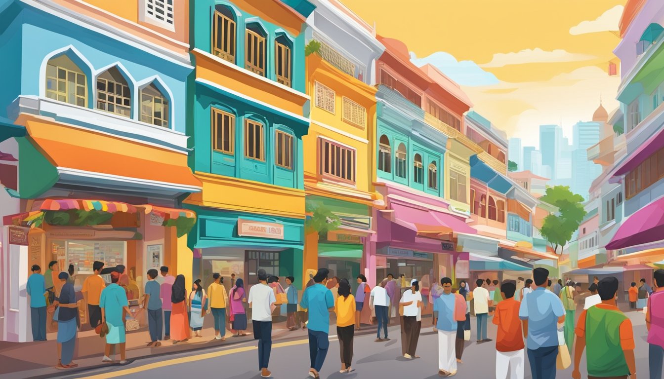 Vibrant street in Little India, Singapore, with colorful storefronts of top Indian eateries, bustling with locals and tourists