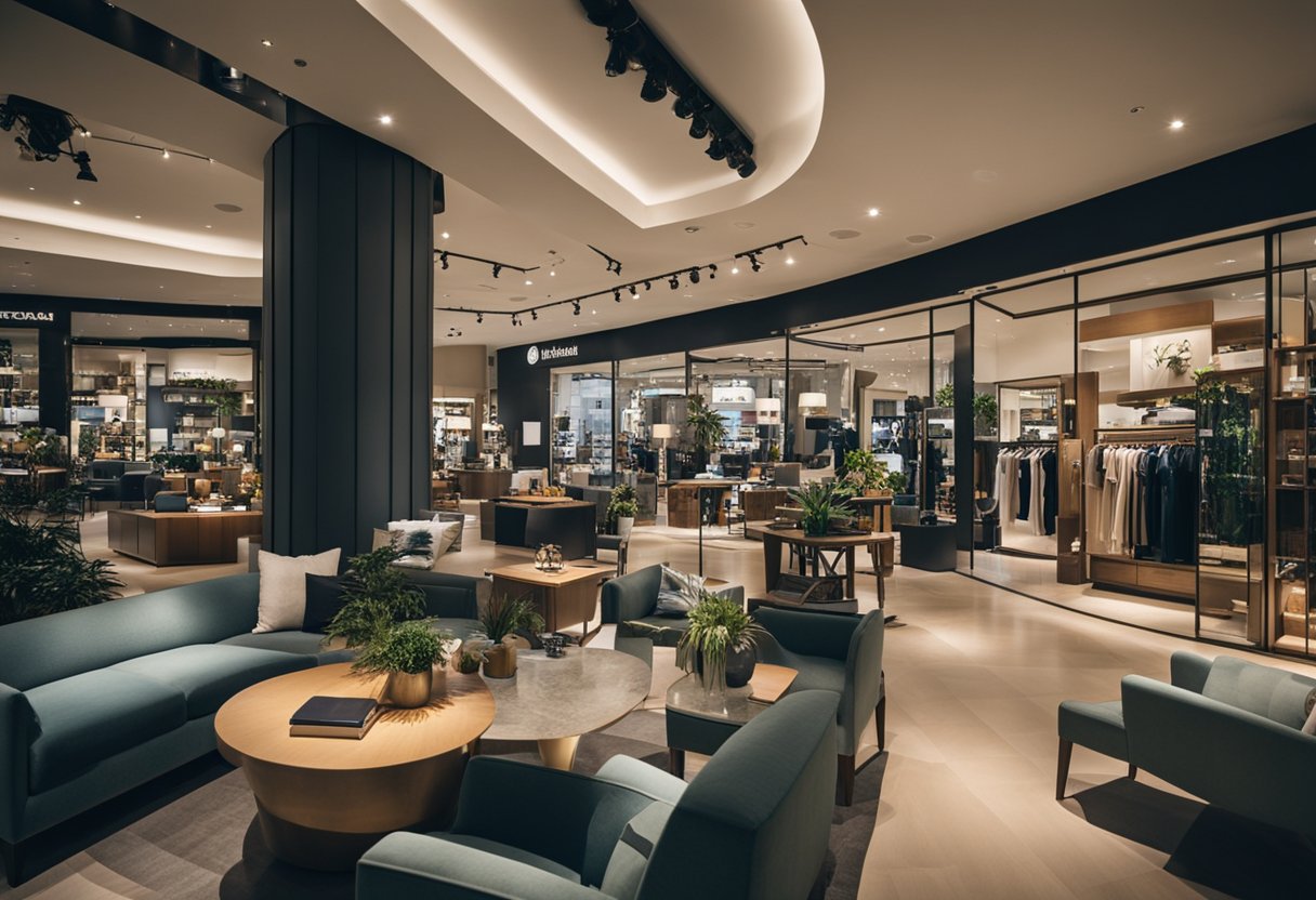 A bustling furniture store at Millenia Walk, Singapore. Shoppers browse modern and stylish pieces while staff assist with inquiries