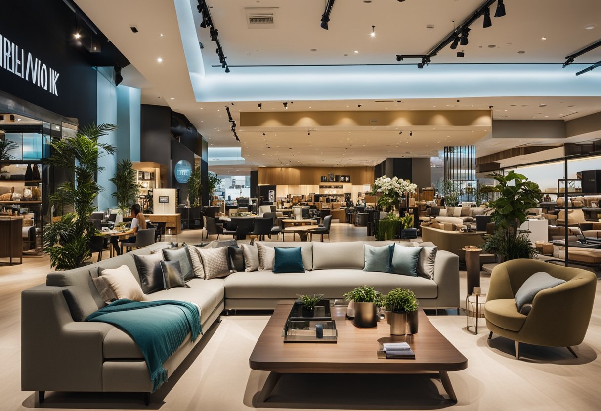 A bustling furniture store at Millennia Walk, Singapore, with customers browsing and staff assisting. Displays of sofas, tables, and chairs fill the spacious showroom