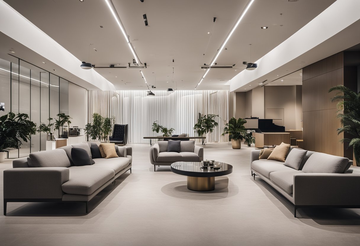 A spacious, well-lit showroom with sleek, minimalist furniture displays. Clean lines and neutral colors dominate the space, creating a contemporary and inviting atmosphere