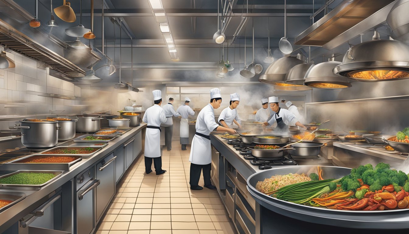 The bustling kitchen of Chef Foong's restaurant, filled with sizzling woks, steaming pots, and colorful ingredients. A symphony of aromas fills the air as chefs move with precision and skill