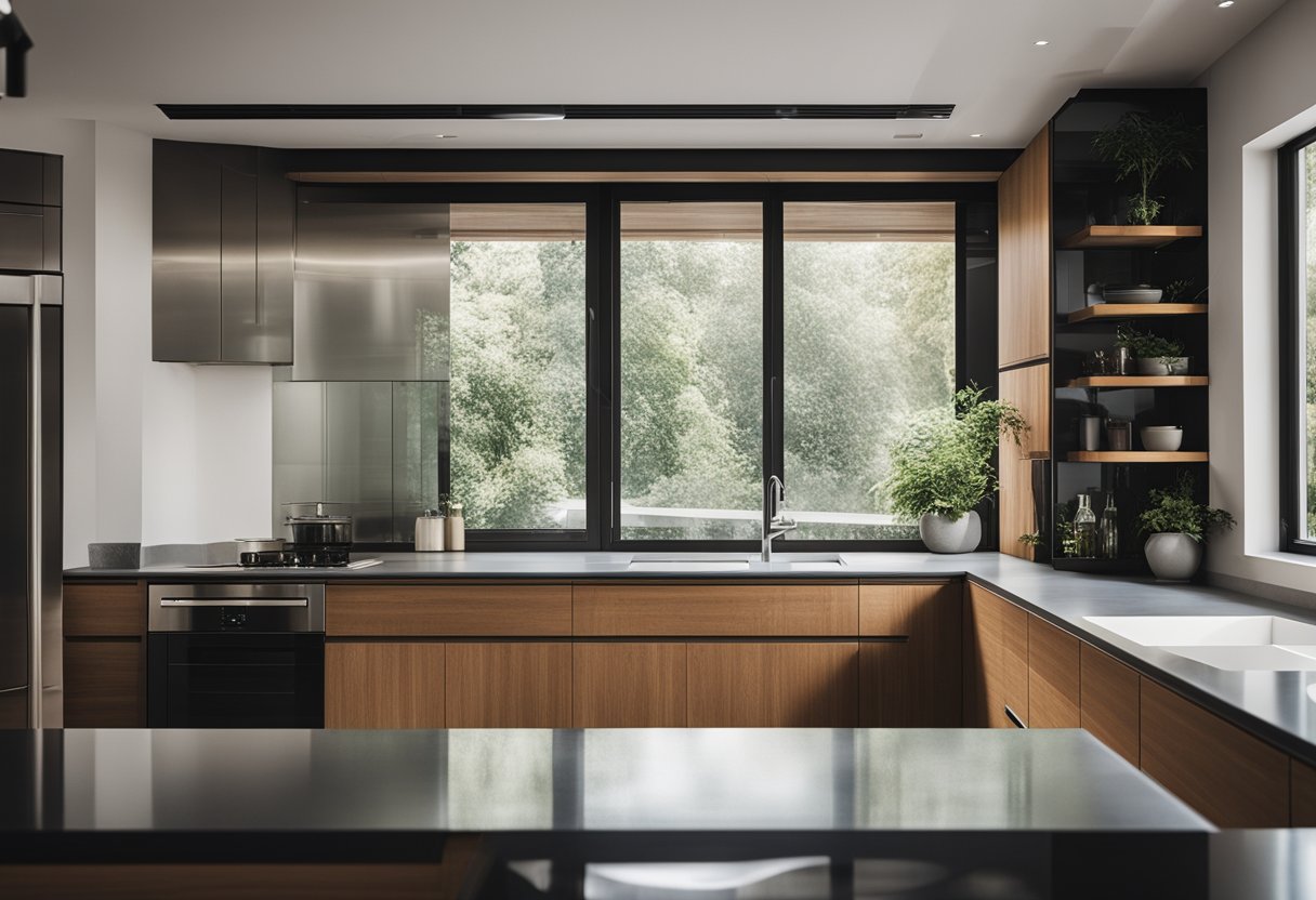 A modern kitchen with a glass door featuring a sleek wooden frame