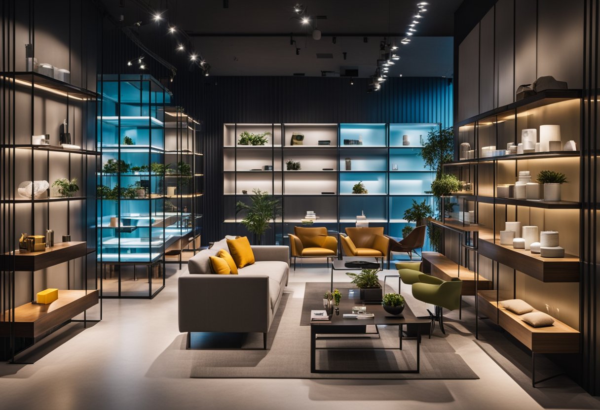 Customers browse sleek furniture displays in a modern Singapore store. Bright lights highlight minimalist designs and vibrant colors