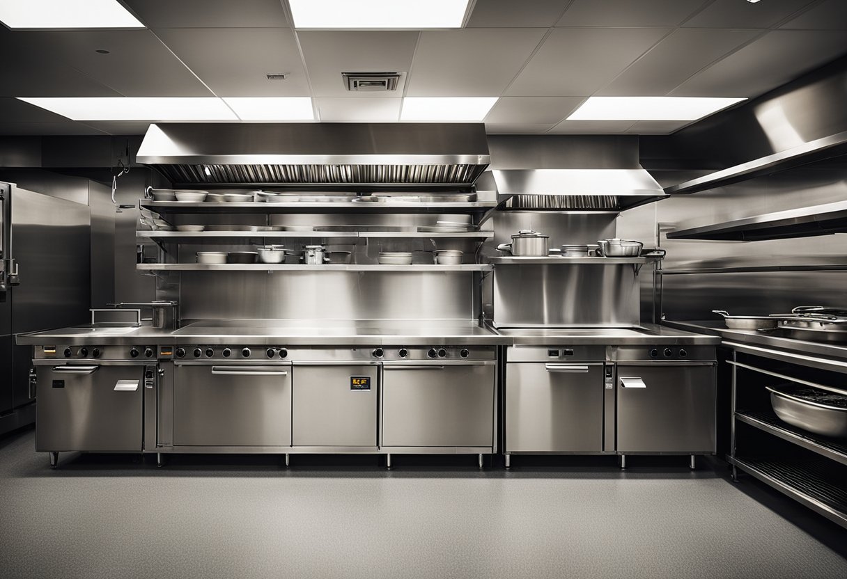 The small commercial kitchen features stainless steel appliances, a compact layout, and ample storage shelves