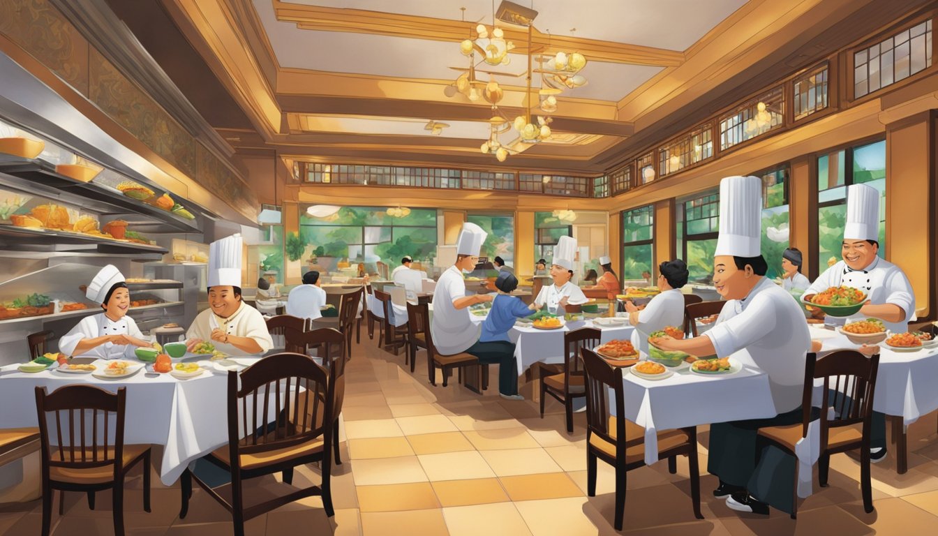 Chef Foong's restaurant bustles with diners enjoying aromatic dishes and vibrant decor. The open kitchen sizzles with activity as chefs prepare delectable meals
