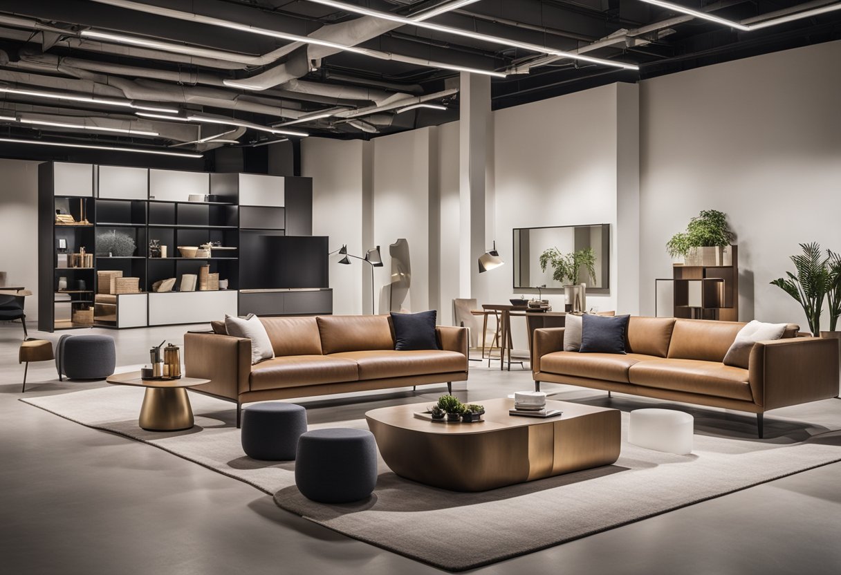Sleek, minimalist furniture displayed in a spacious, well-lit showroom with clean lines and neutral colors, showcasing the latest design trends and high-quality craftsmanship