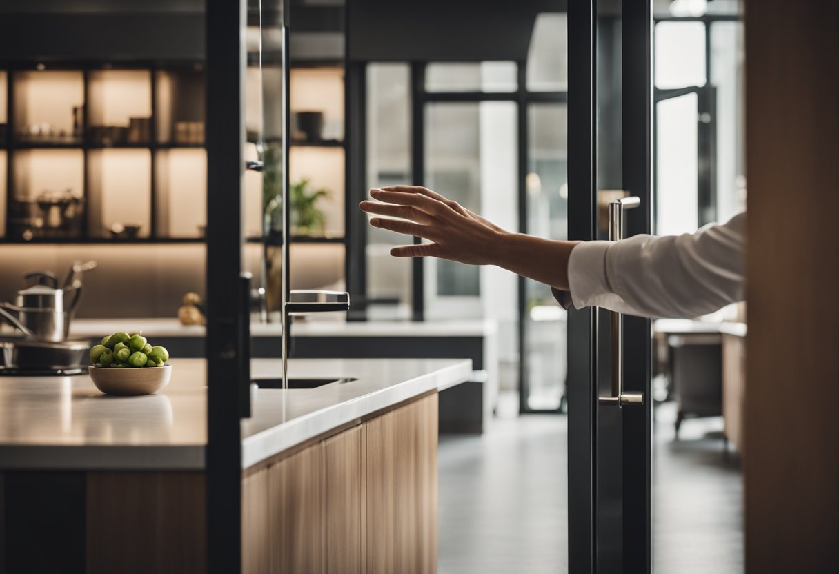 A hand reaches for a sleek, modern kitchen glass door with a wooden frame, showcasing elegant design and functionality