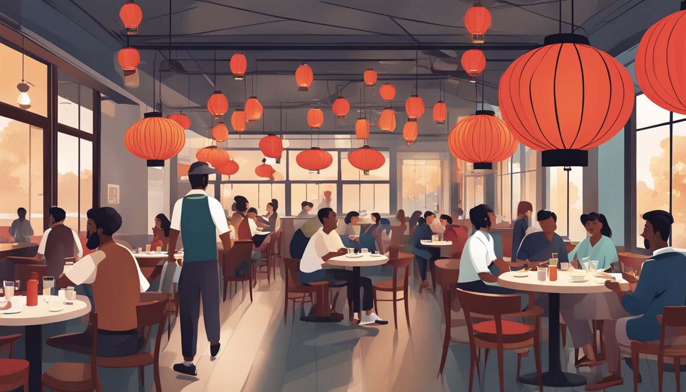 A bustling restaurant with red lanterns, round tables, and steaming dishes. Patrons chat and laugh, while waiters hurry between tables