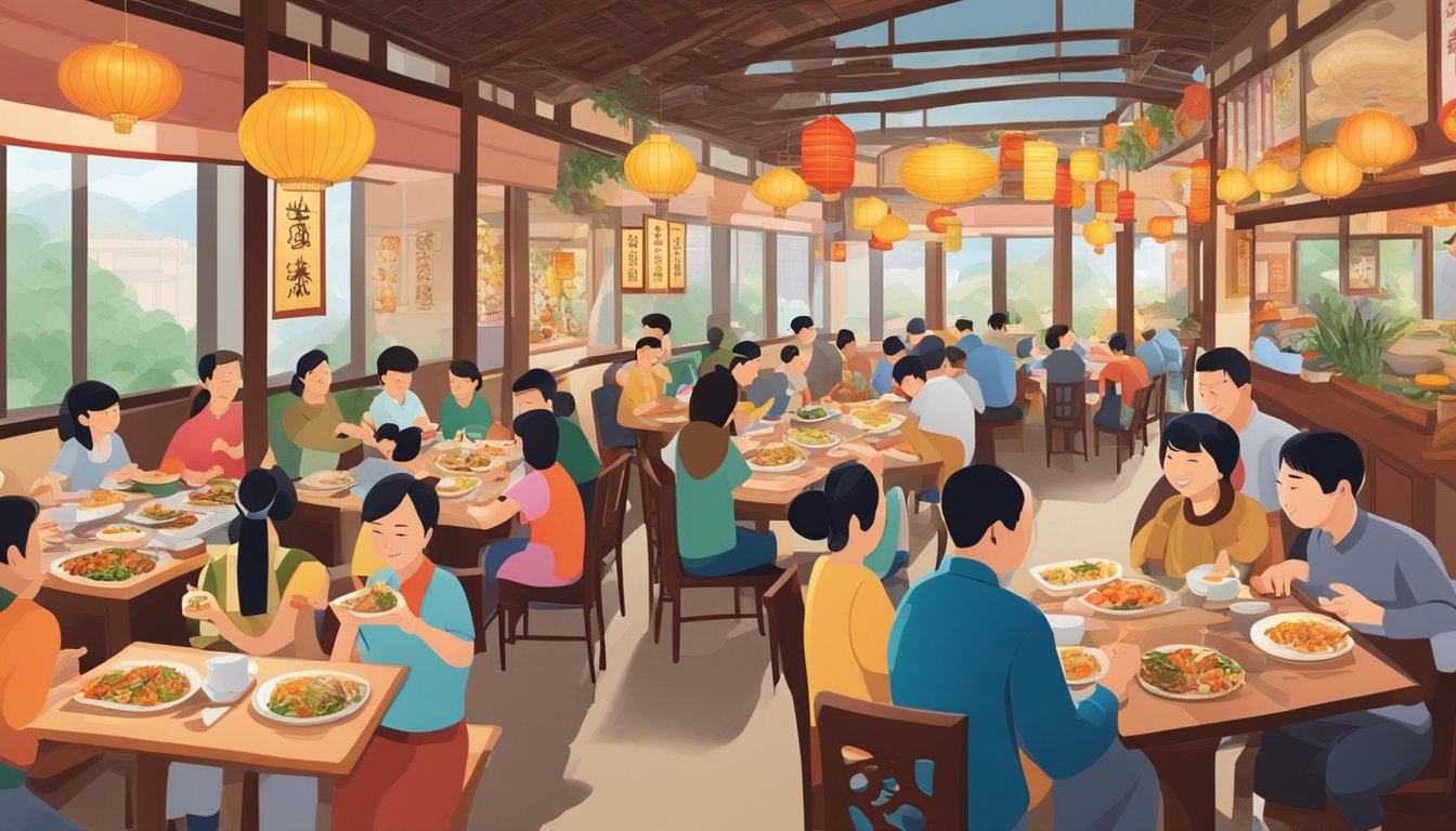 Customers enjoying diverse dishes at Tiantianli restaurant. A colorful array of Chinese specialties fills the tables, while the bustling atmosphere creates a lively dining experience