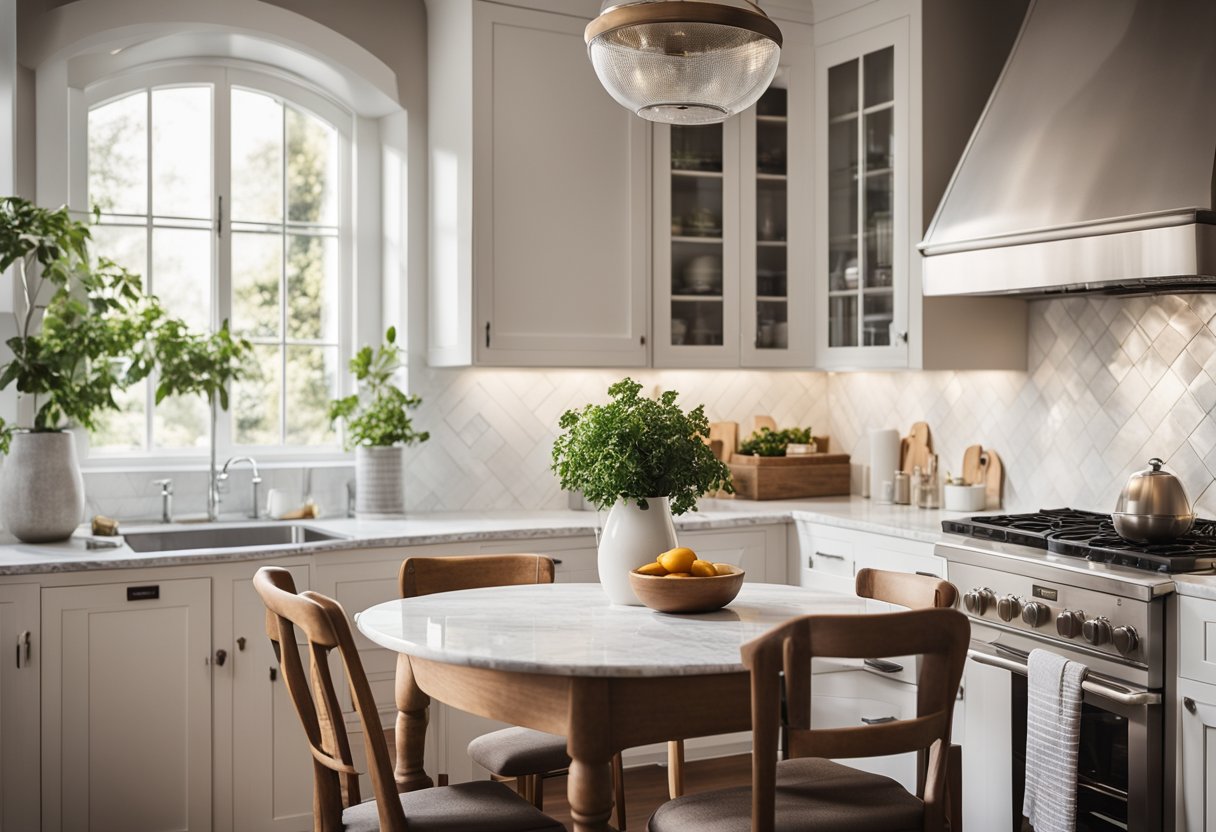 A cozy kitchen with white cabinets, marble countertops, and stainless steel appliances. Natural light streams in through a window, illuminating the small dining area with a round table and two chairs