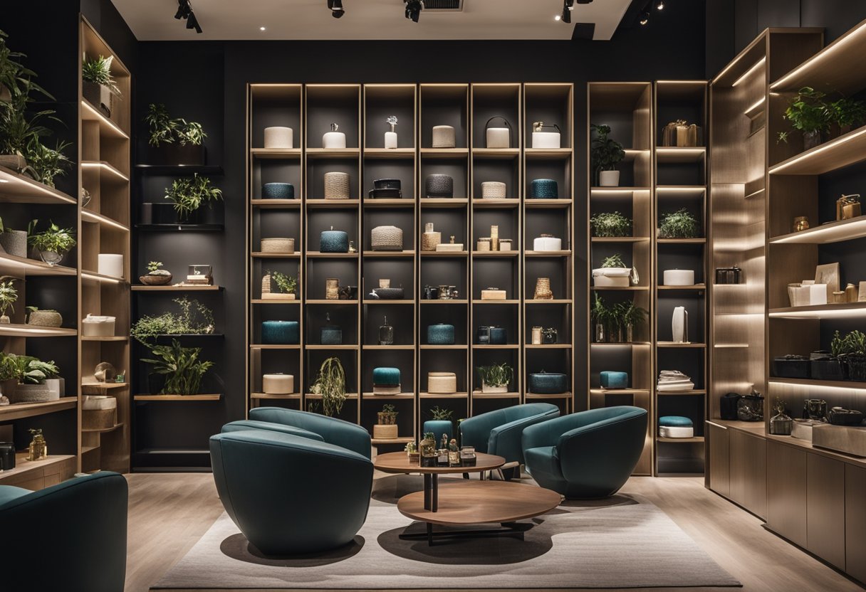 A modern furniture store in Singapore bustling with customers browsing through sleek and stylish furnishings. Shelves neatly organized with decor and accessories