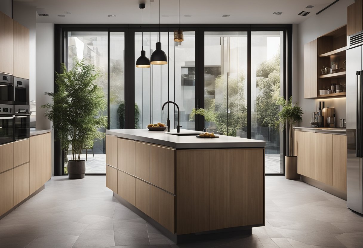 A modern kitchen with a glass door featuring a sleek wooden frame, blending functionality and aesthetics seamlessly