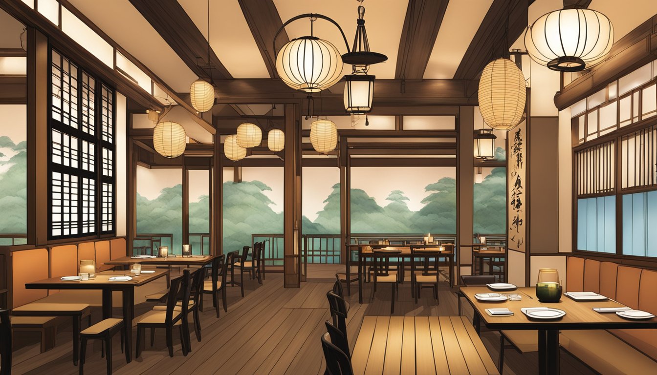 The interior of Keria Japanese restaurant is filled with warm, ambient lighting and traditional Japanese decor, including paper lanterns and bamboo accents. Tables are set with elegant dishware and chopsticks, creating a serene and inviting atmosphere
