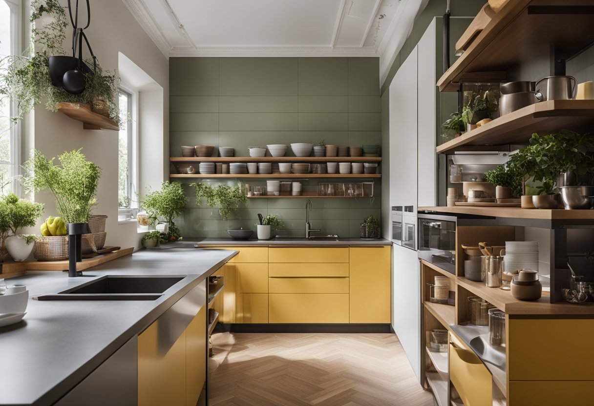 A small kitchen with clever storage solutions, utilizing vertical space and hidden compartments for a clutter-free and organized interior design