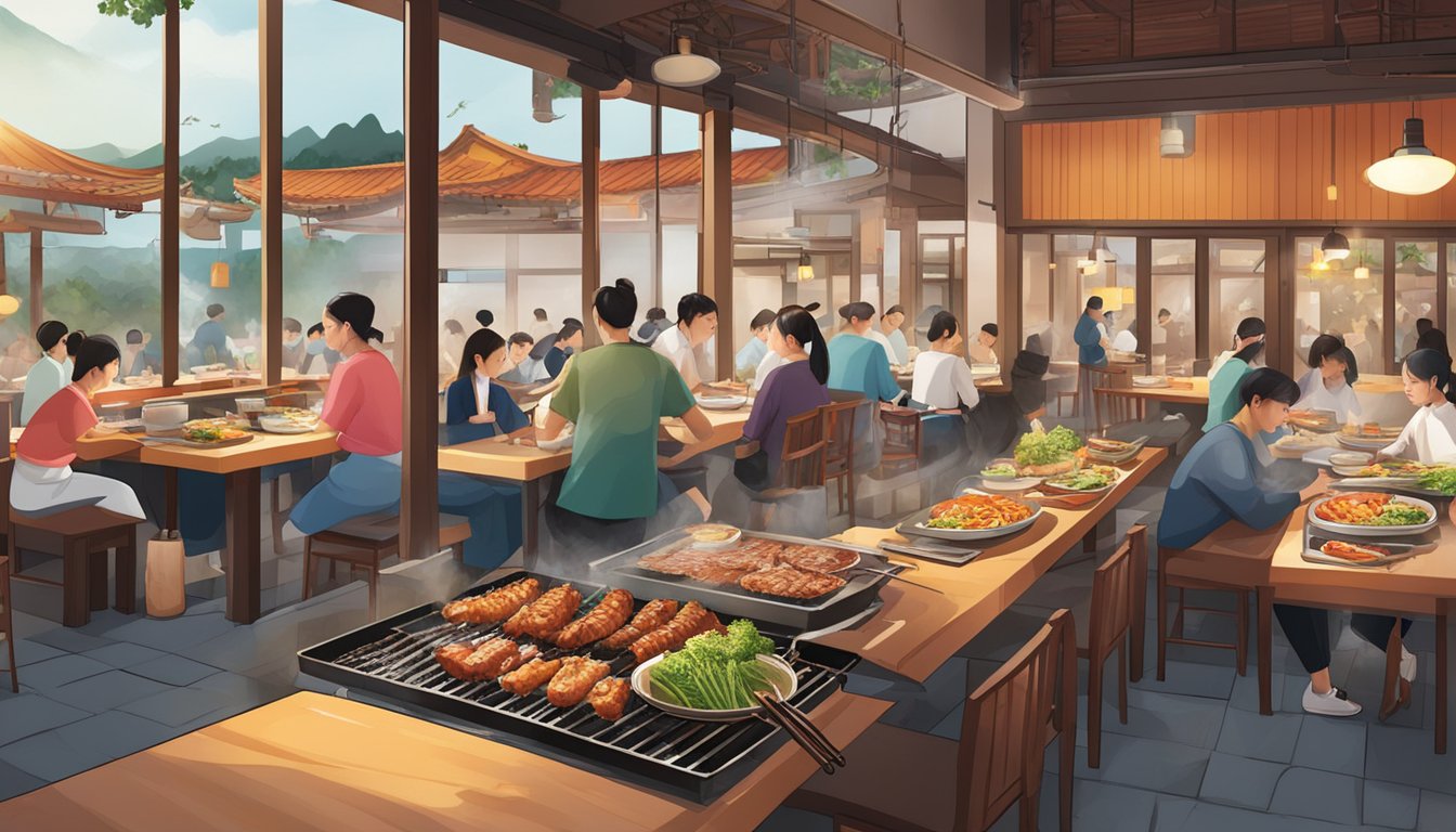 A bustling Jeju Korea BBQ restaurant with sizzling grills, colorful side dishes, and a warm, inviting atmosphere