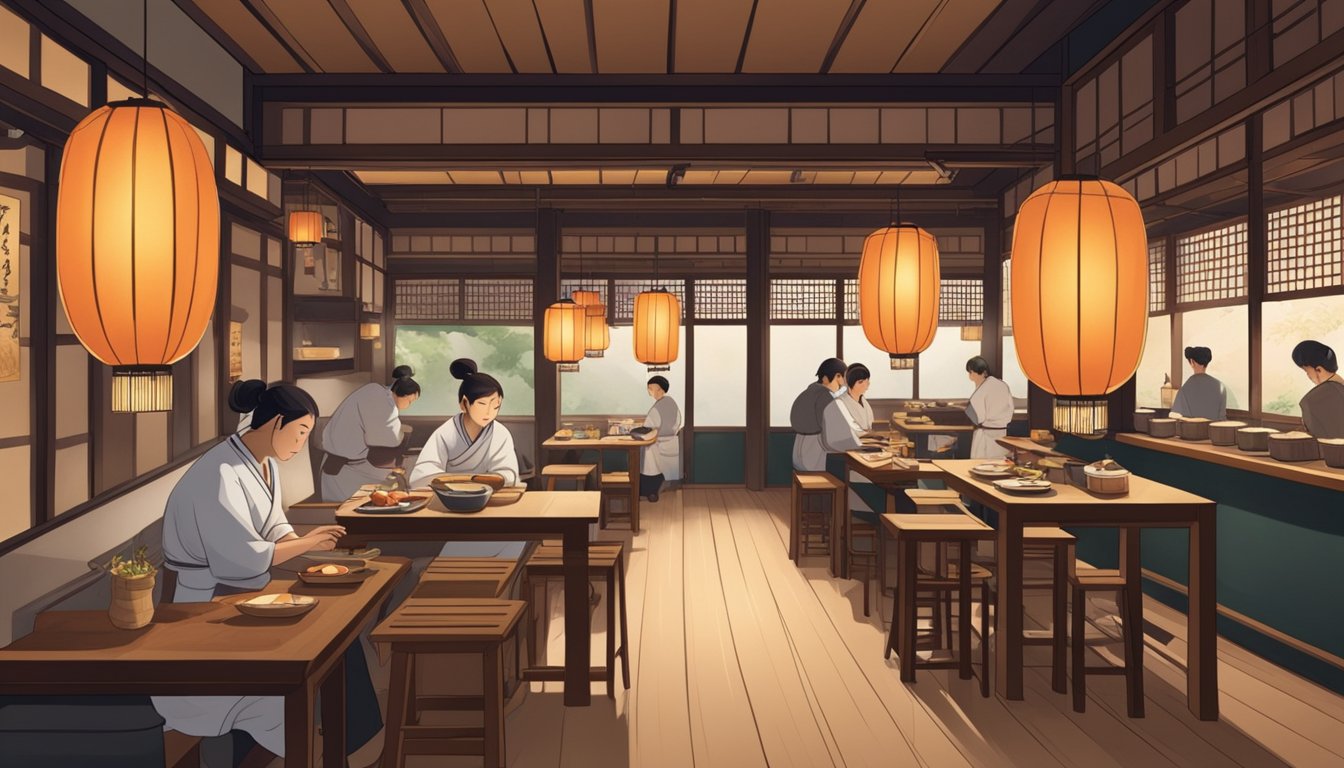 A serene Japanese restaurant with dim lighting, traditional wooden tables, and paper lanterns hanging from the ceiling. A sushi bar is visible in the background, with chefs skillfully preparing dishes