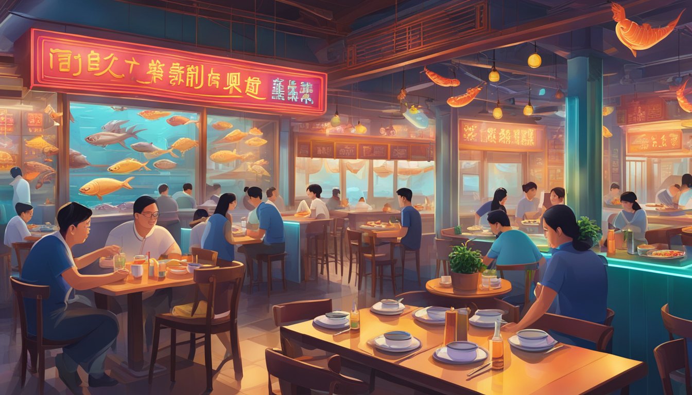 The bustling Ting Heng Seafood Restaurant with colorful neon signs and steaming pots of fresh seafood on every table
