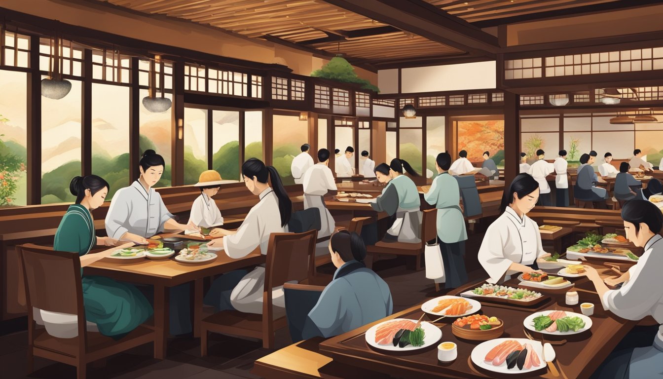 A bustling Japanese restaurant with chefs preparing sushi and sizzling teppanyaki dishes, while diners enjoy the elegant ambiance and traditional decor