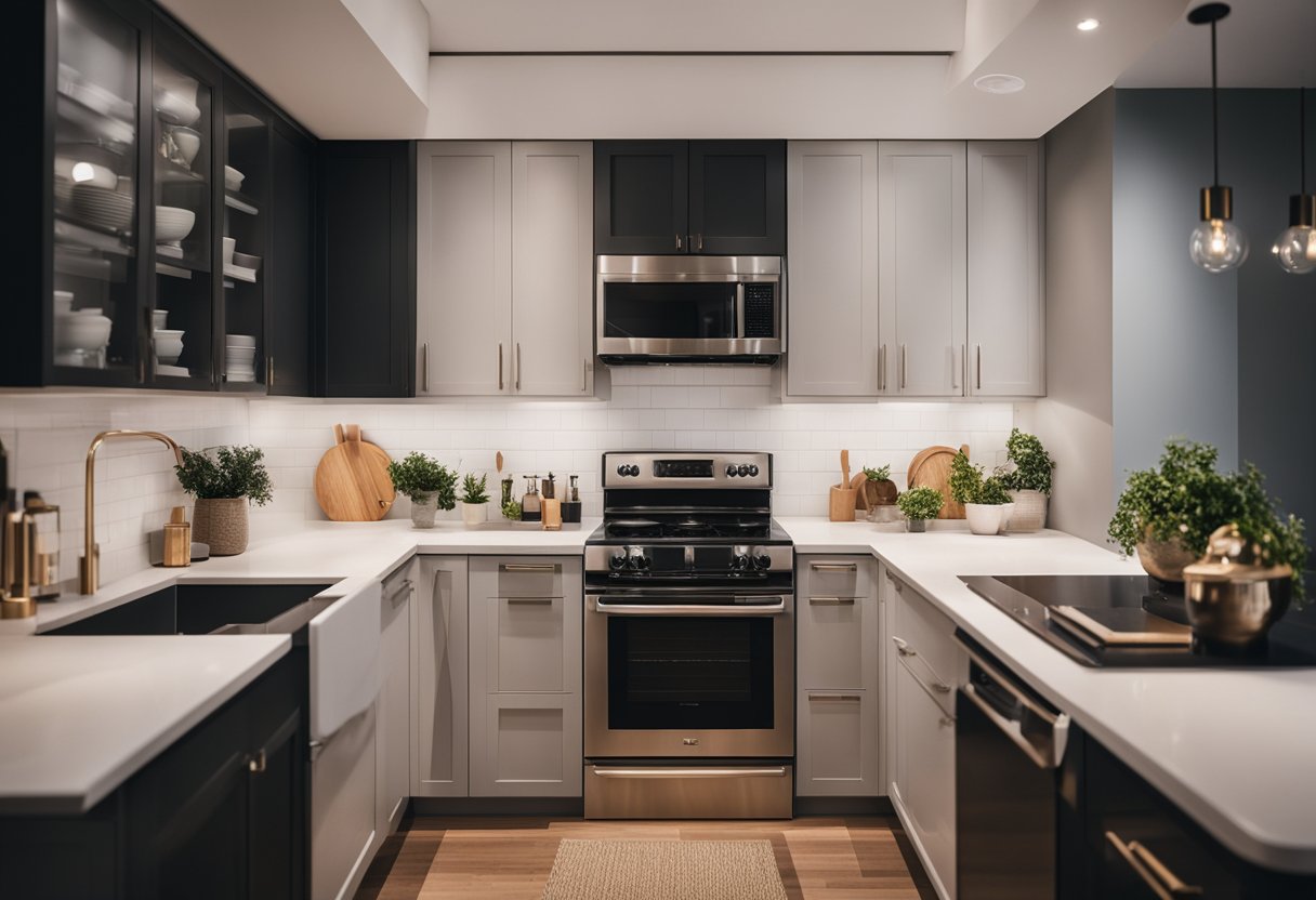 A cozy small kitchen with modern appliances, sleek countertops, and warm lighting. The space is organized and functional, with pops of color and stylish decor