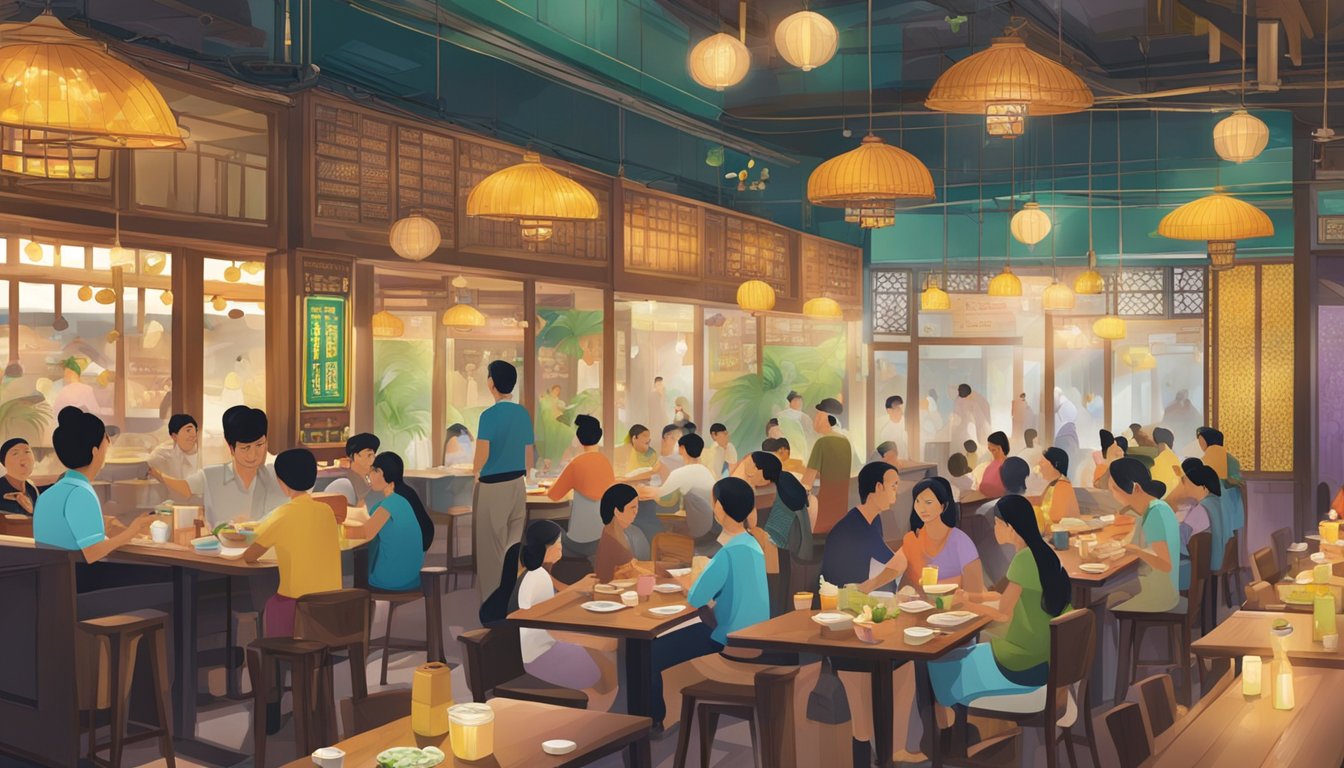 A bustling Burmese restaurant in Singapore, with colorful decor, steaming bowls of noodles, and customers eagerly asking questions