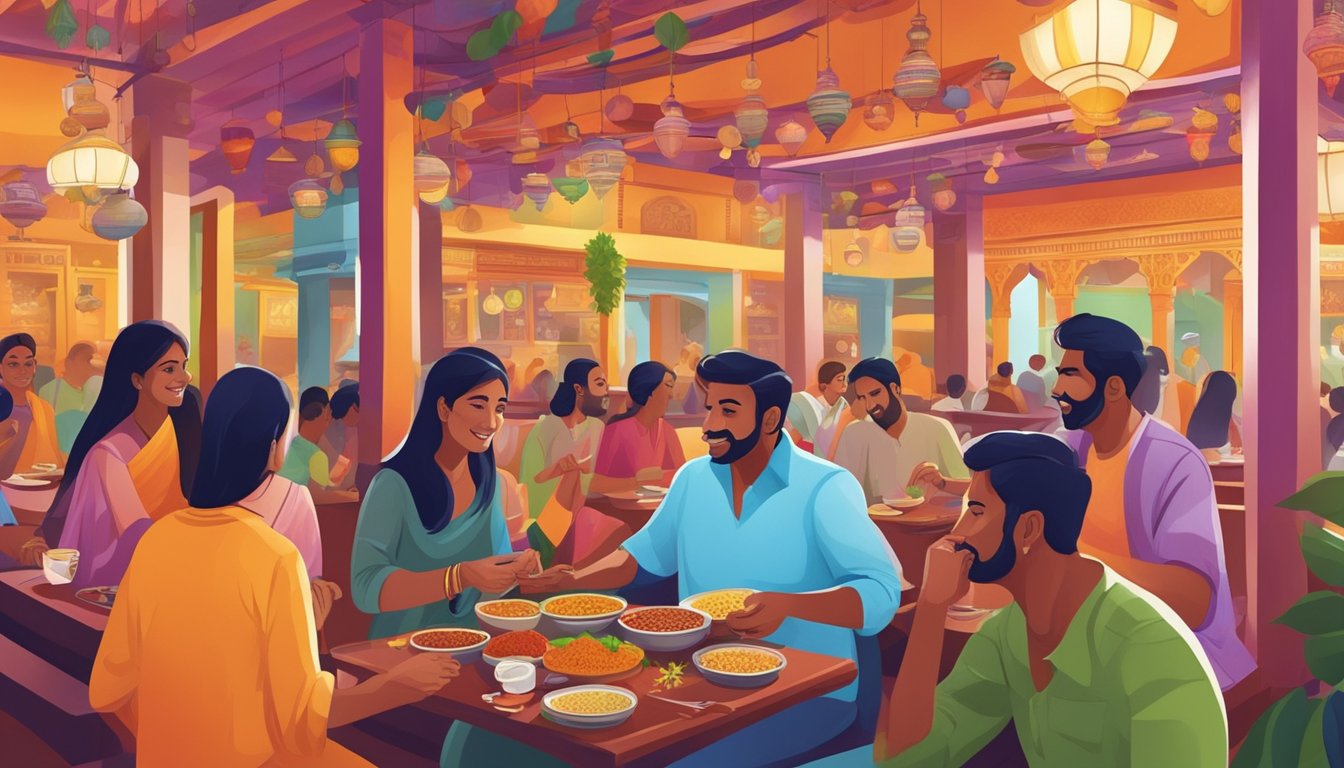 Customers enjoying aromatic dishes at vibrant Indian restaurants in Little India. Colorful spices and traditional decor create a lively atmosphere