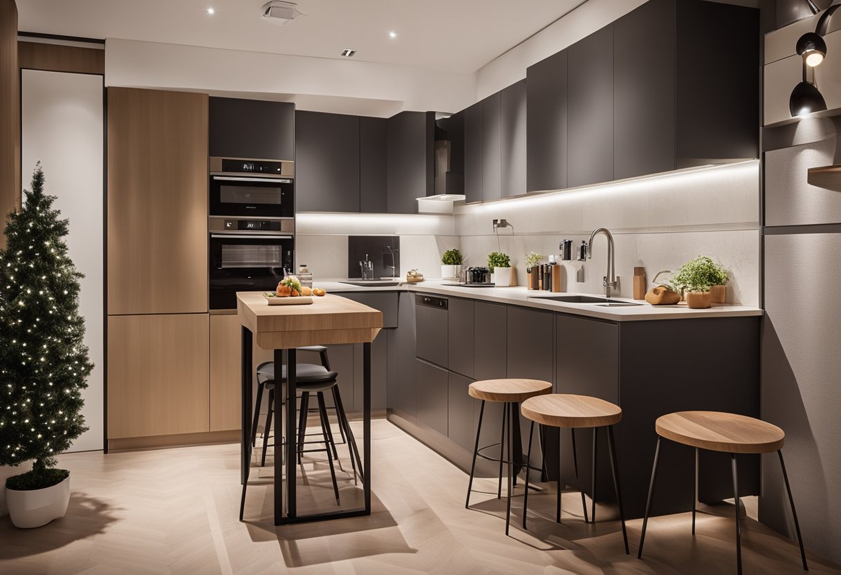 A cozy, compact kitchen with modern appliances, clever storage solutions, and warm lighting. A small dining area with a stylish table and chairs completes the space