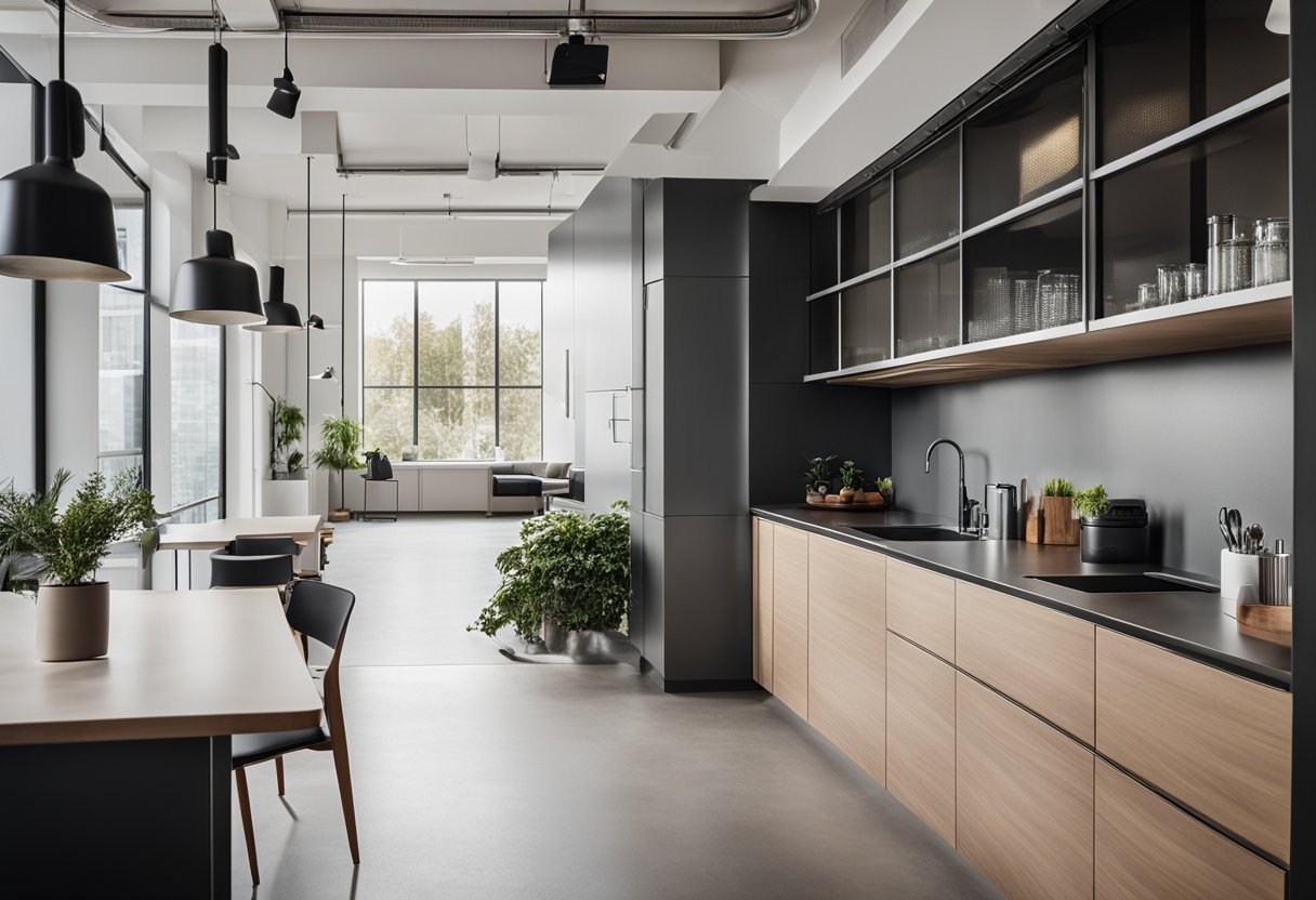 The small office kitchen is modern and sleek, with stainless steel appliances and minimalist design. A large window lets in natural light, illuminating the clean countertops and organized storage space