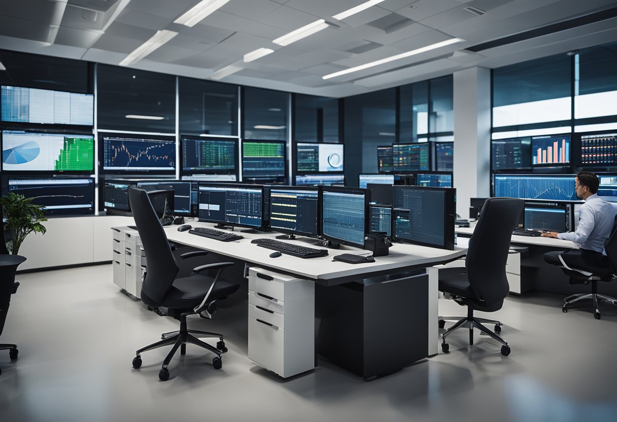 A modern trading office with sleek furniture, large monitors, and a bustling atmosphere. Multiple computer screens display financial data, while traders communicate through headsets. The room is filled with natural light and features a minimalist color scheme